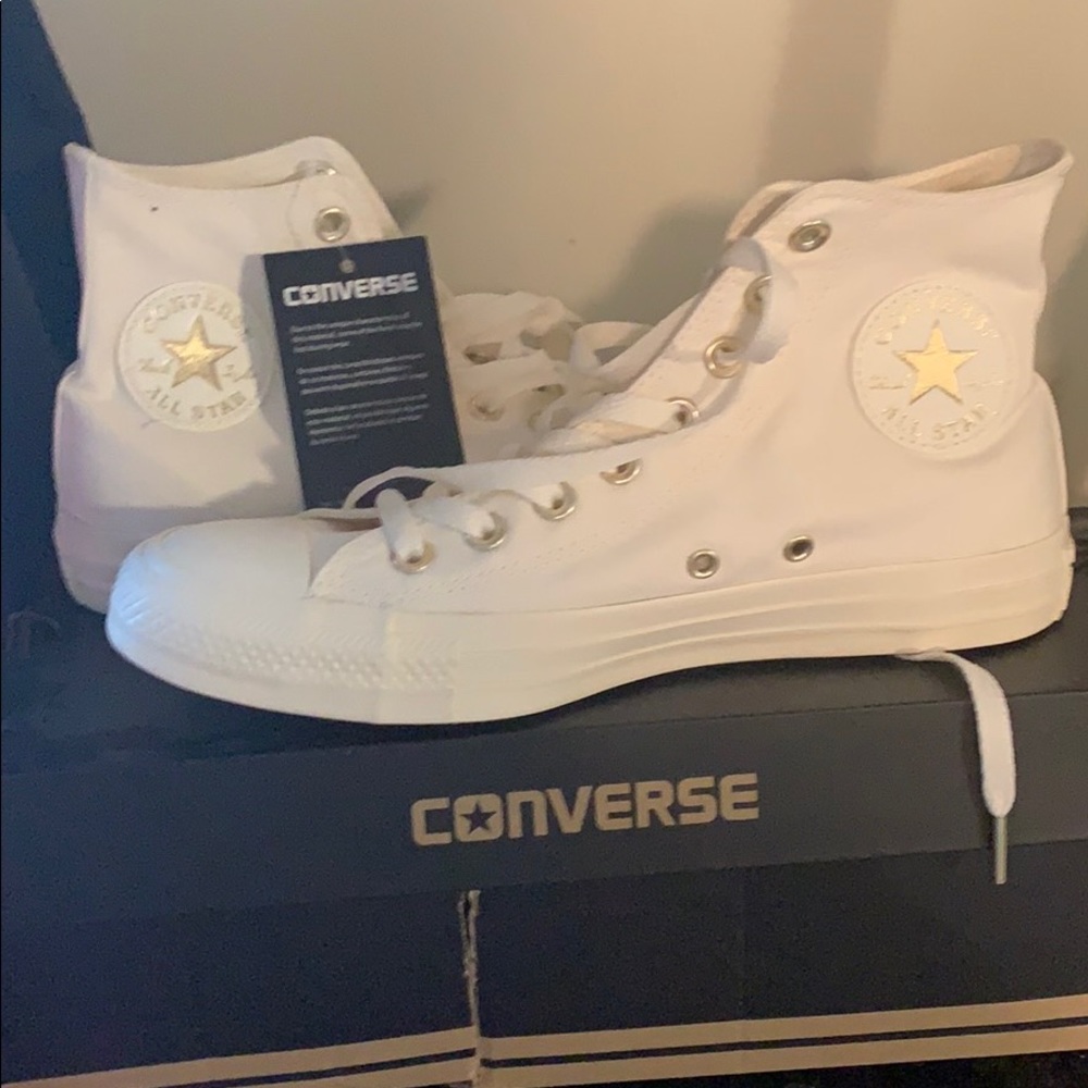 Off white and gold high top converse